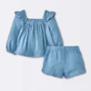 Baby Girls' 2pc Gauze Long Sleeve Top And Bloomer Set - Cloud Island™ Blue